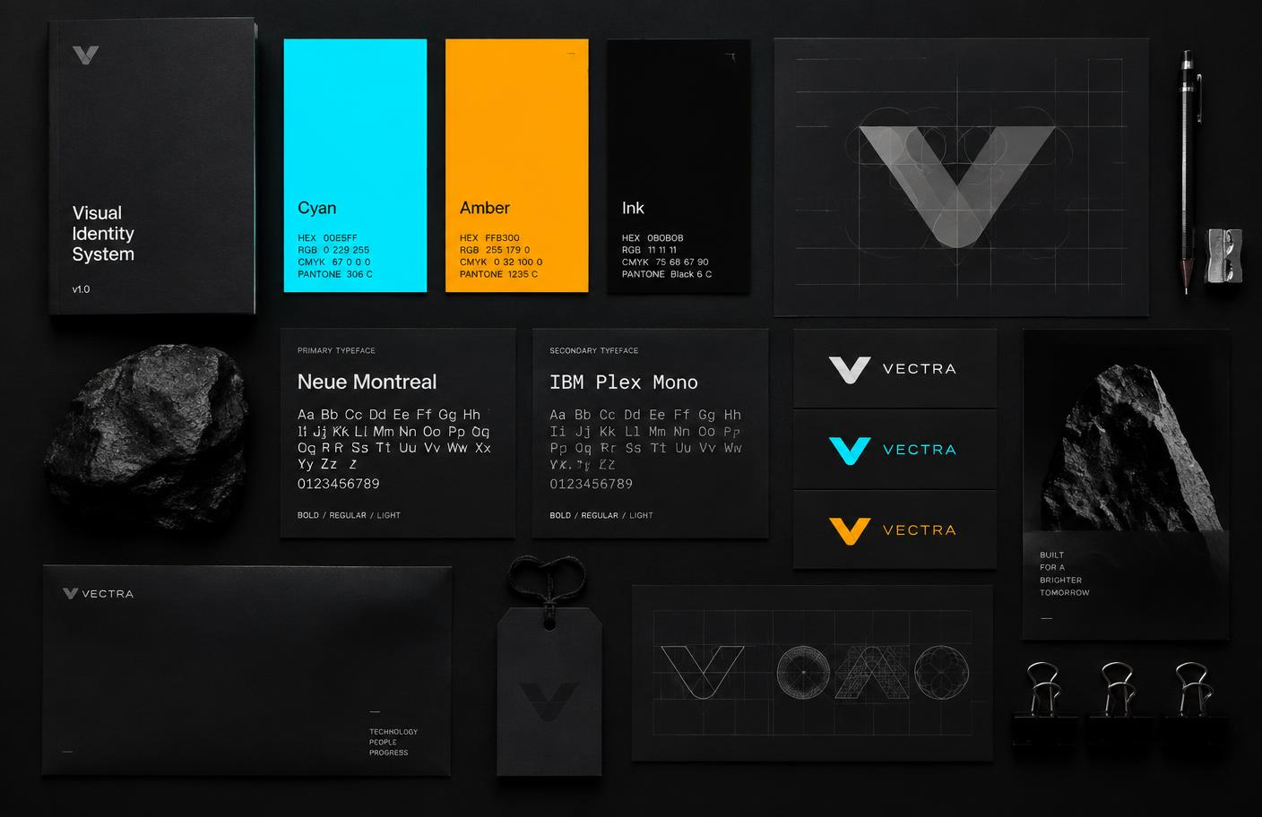 Brand board with color swatches, typography and logo studies