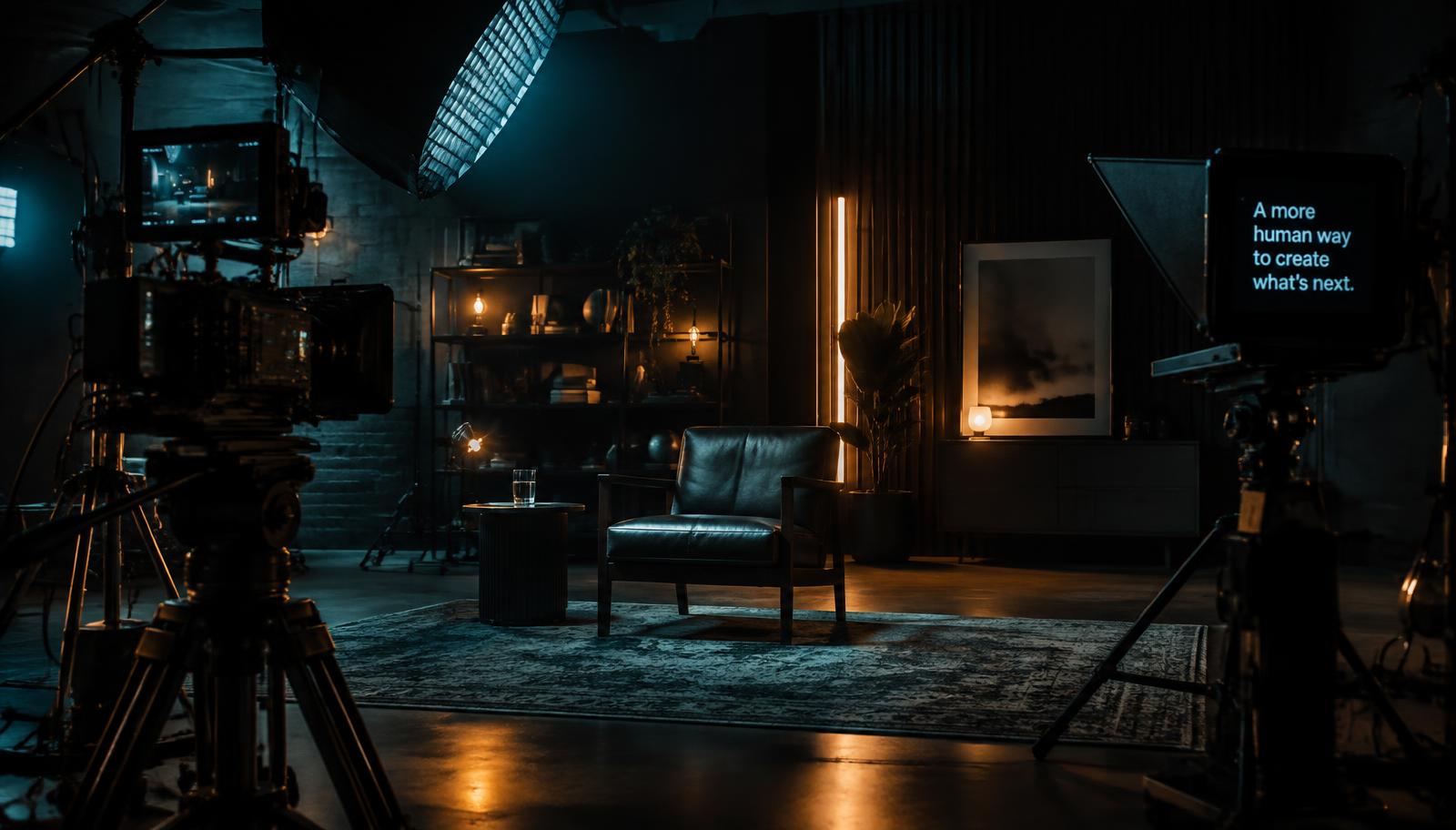 A cinema camera and lighting rig on a dark studio set